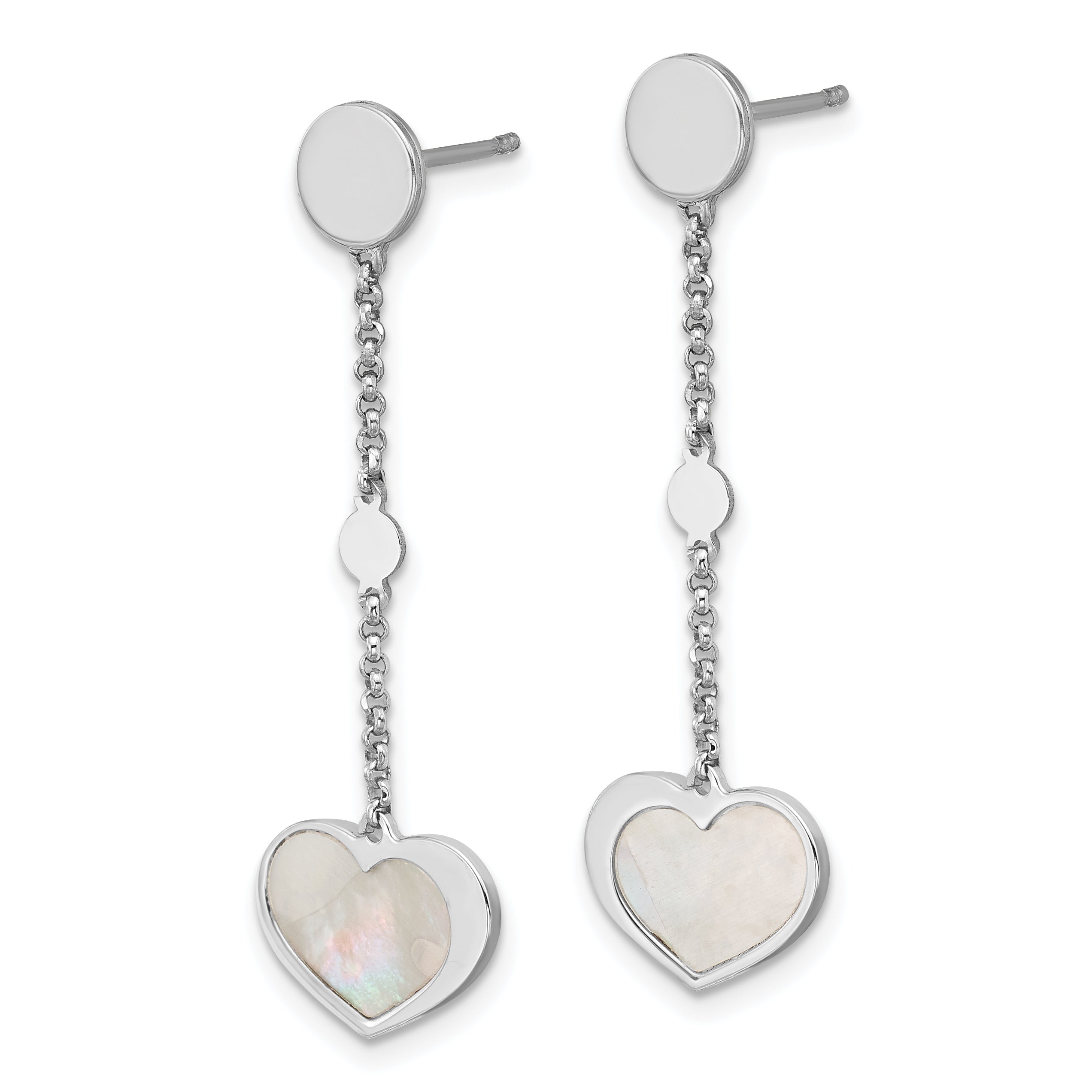 Sterling Silver Rhodium-plated Mother of Pearl Heart and Chain Post Dangle Earrings