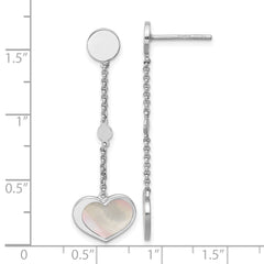Sterling Silver Rhodium-plated Mother of Pearl Heart and Chain Post Dangle Earrings