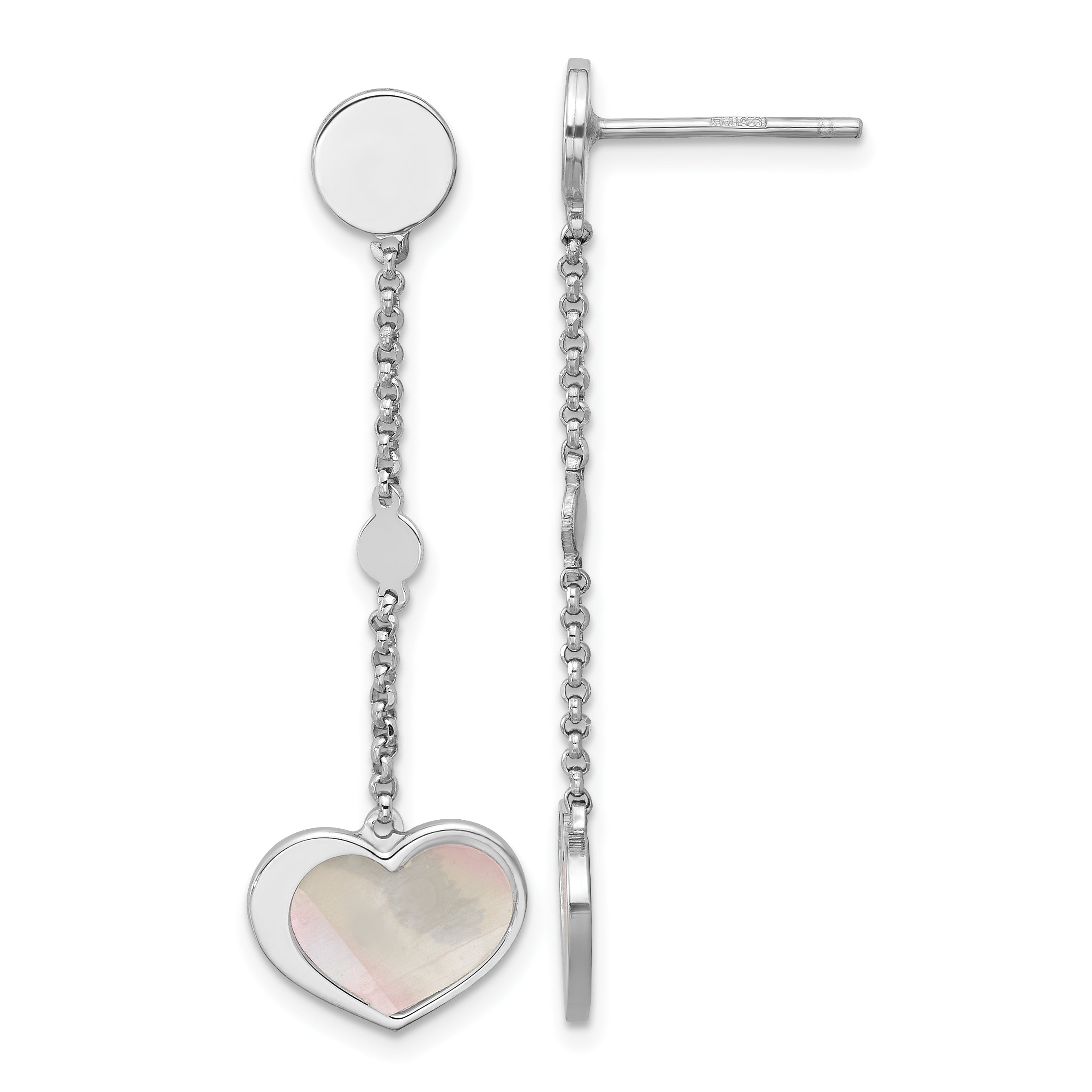 Sterling Silver Rhodium-plated Mother of Pearl Heart and Chain Post Dangle Earrings Main image