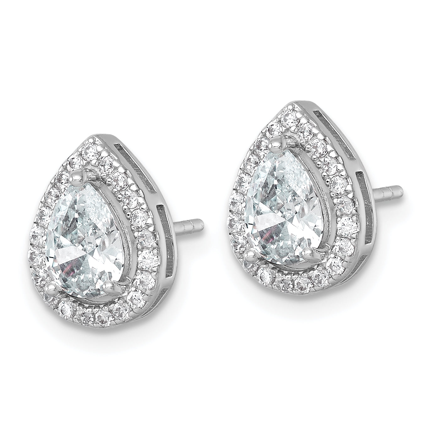 Sterling Silver Rhodium-plated Polished 11.0 x 9.0mm Pear CZ Halo Teardrop Post Earrings Secondary image