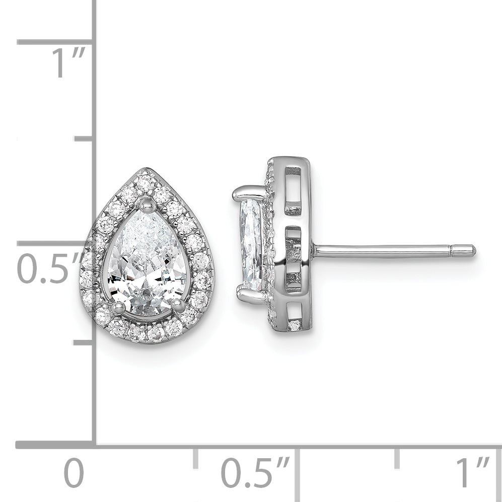 Sterling Silver Rhodium-plated Polished 11.0 x 9.0mm Pear CZ Halo Teardrop Post Earrings