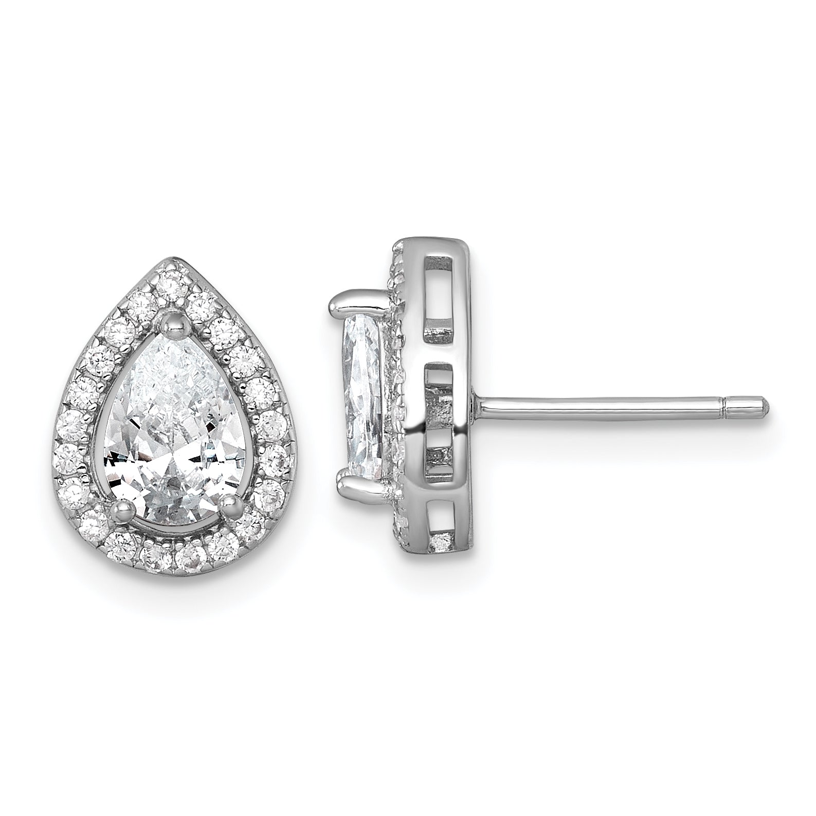 Sterling Silver Rhodium-plated Polished 11.0 x 9.0mm Pear CZ Halo Teardrop Post Earrings Main image