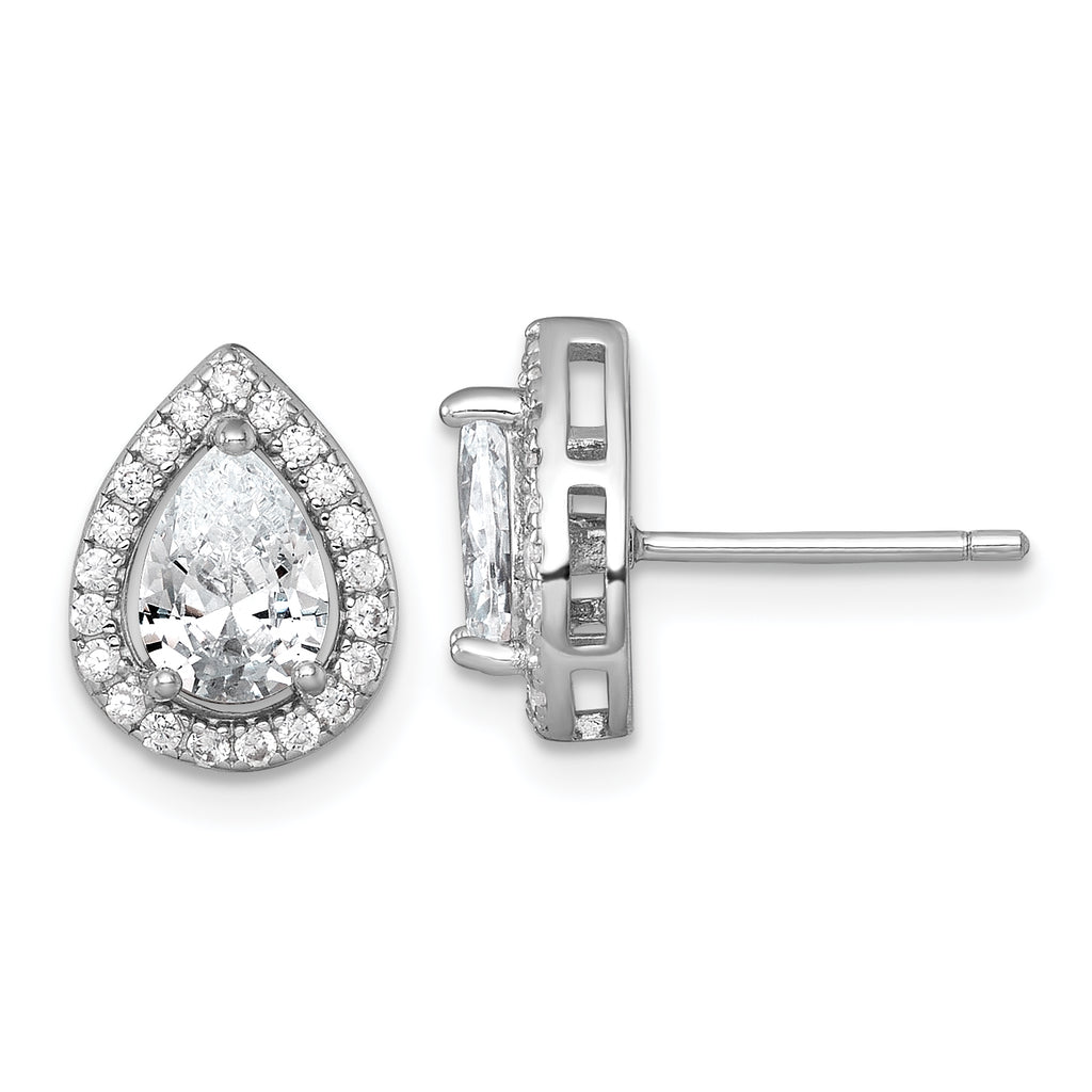 Sterling Silver Rhodium-plated Polished 11.0 x 9.0mm Pear CZ Halo Teardrop Post Earrings