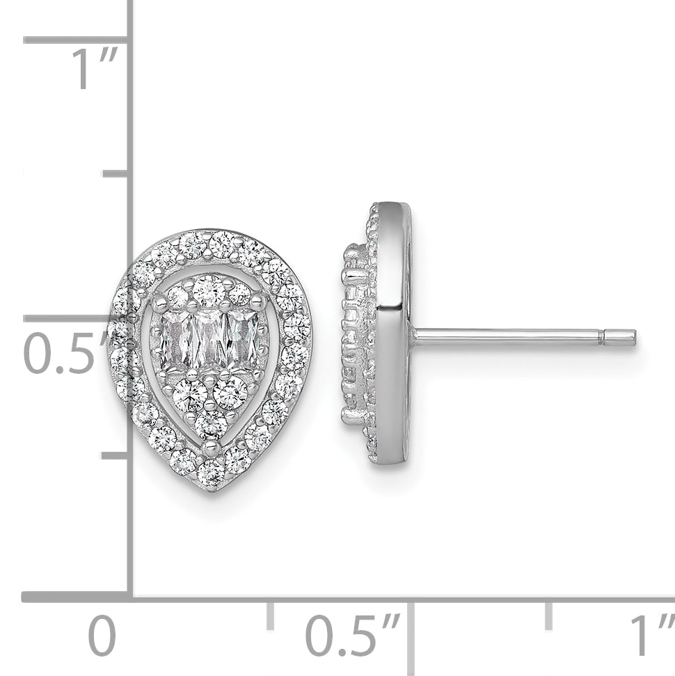 Sterling Silver Rhodium-plated Polished Fancy CZ Teardrop Halo Post Earrings