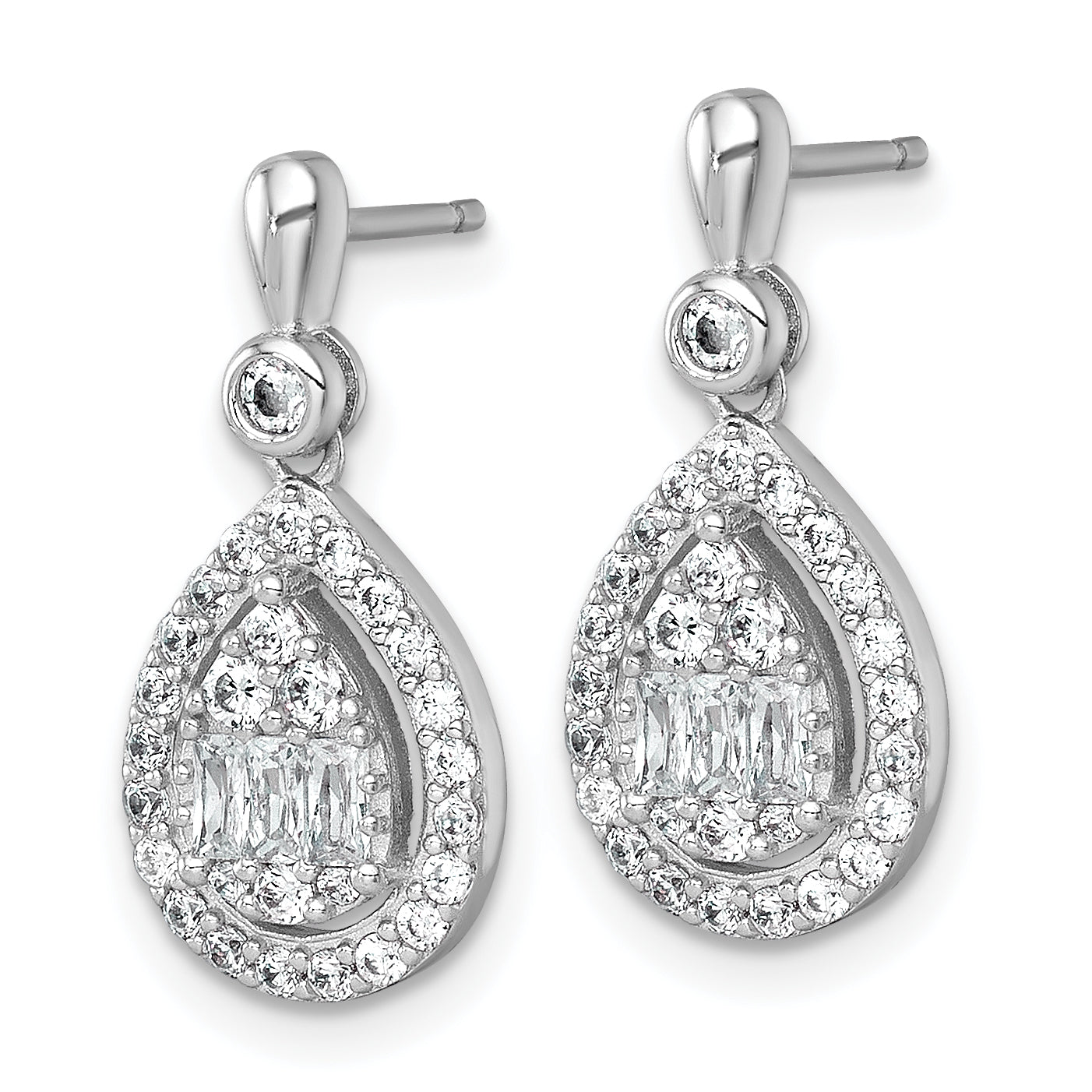Sterling Silver Rhodium-plated Polished Fancy CZ Teardrop Halo Dangle Post Earrings Secondary image