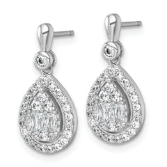 Sterling Silver Rhodium-plated Polished Fancy CZ Teardrop Halo Dangle Post Earrings