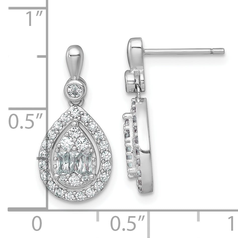 Sterling Silver Rhodium-plated Polished Fancy CZ Teardrop Halo Dangle Post Earrings