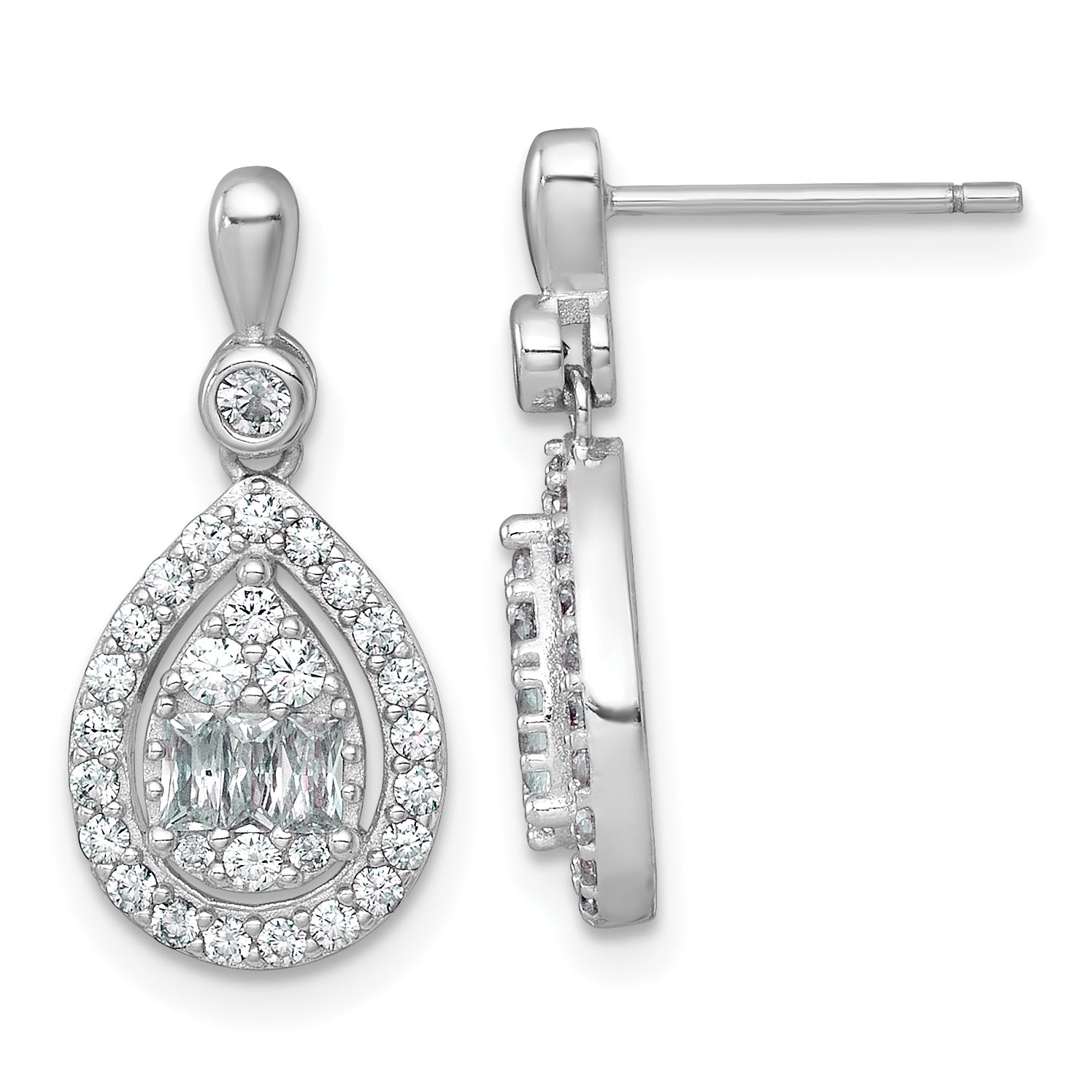 Sterling Silver Rhodium-plated Polished Fancy CZ Teardrop Halo Dangle Post Earrings Main image