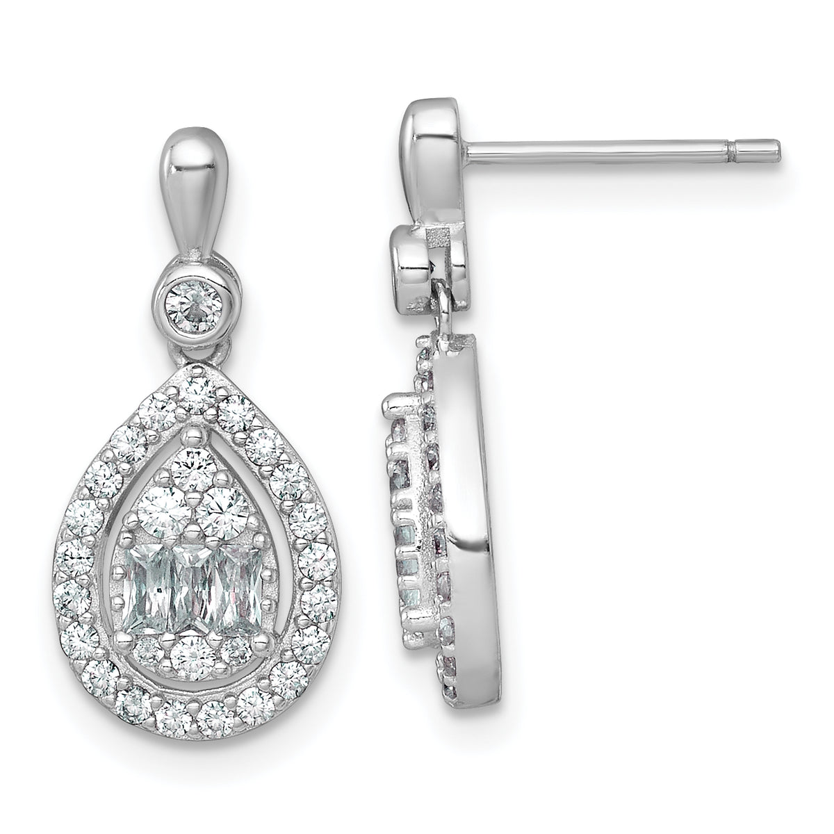 Sterling Silver Rhodium-plated Polished Fancy CZ Teardrop Halo Dangle Post Earrings