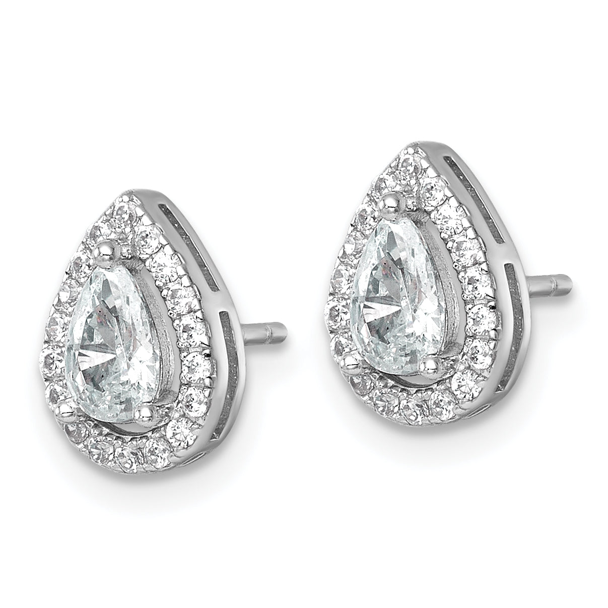 Sterling Silver Rhodium-plated Polished 10.0 x 7.0mm Pear CZ Halo Teardrop Post Earrings Secondary image