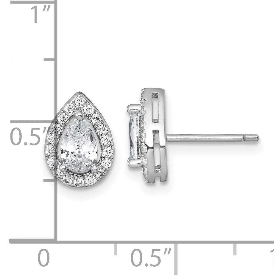 Sterling Silver Rhodium-plated Polished 10.0 x 7.0mm Pear CZ Halo Teardrop Post Earrings