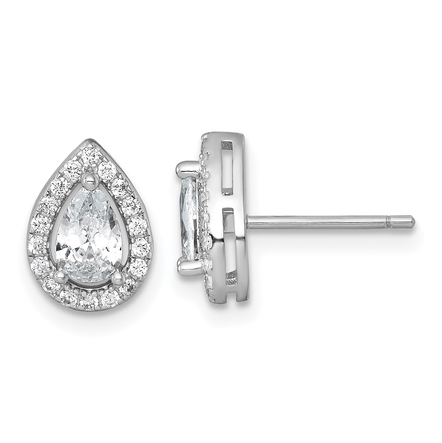 Sterling Silver Rhodium-plated Polished 10.0 x 7.0mm Pear CZ Halo Teardrop Post Earrings Main image