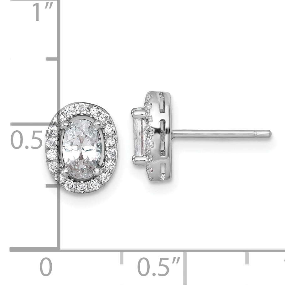 Sterling Silver Rhodium-plated Polished 9.5 x 7.0mm Oval CZ Halo Post Earrings