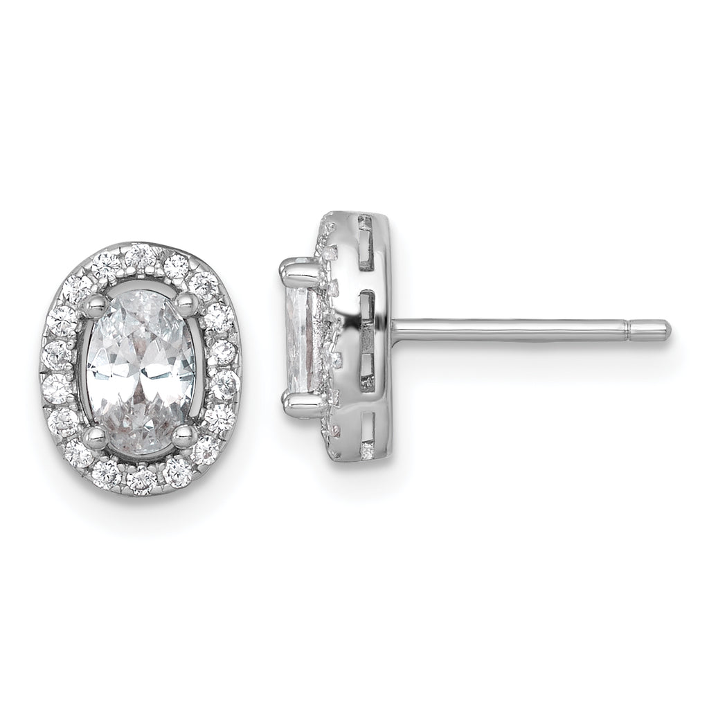 Sterling Silver Rhodium-plated Polished 9.5 x 7.0mm Oval CZ Halo Post Earrings