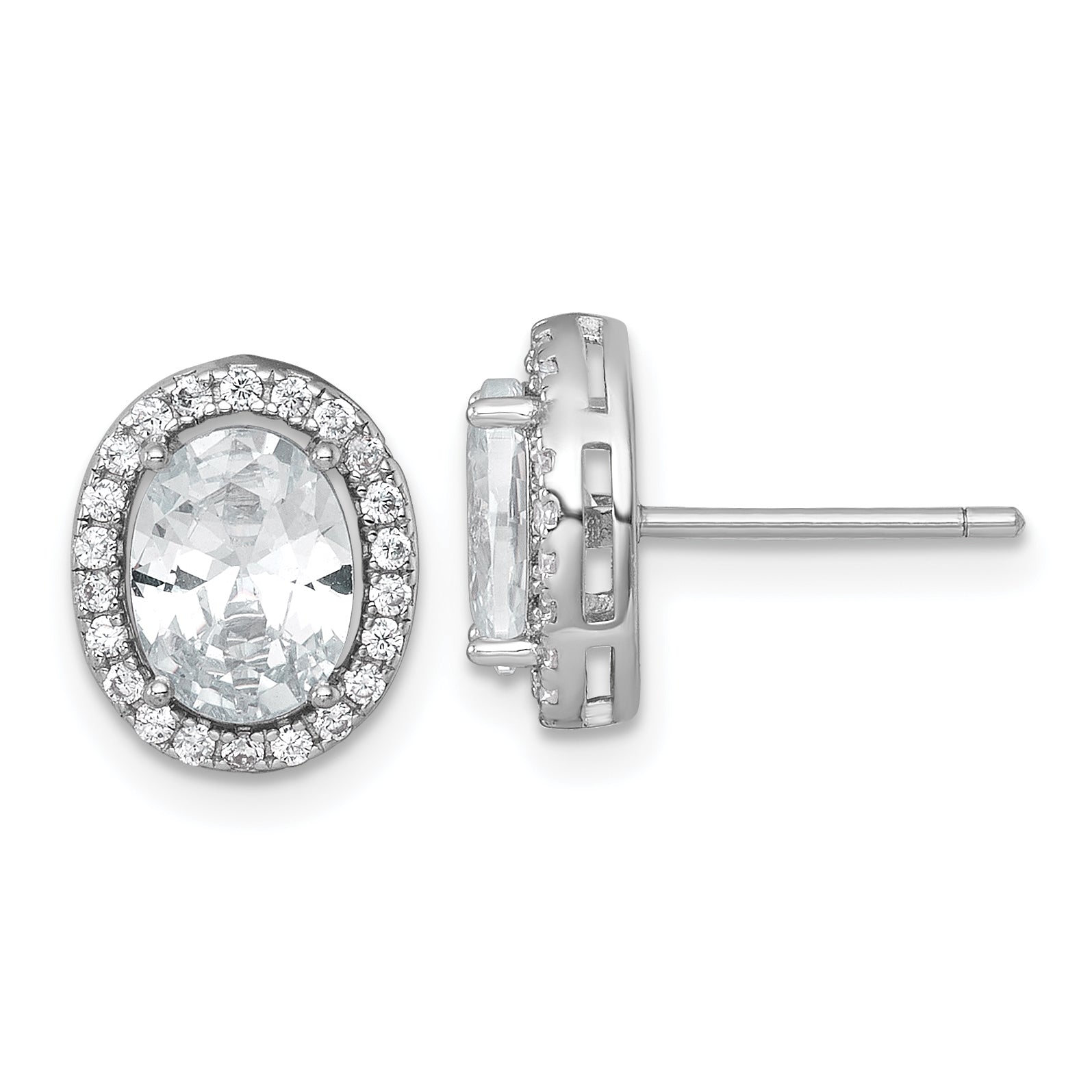 Sterling Silver Rhodium-plated Polished 11.0 x 9.0mm Oval CZ Halo Post Earrings Main image
