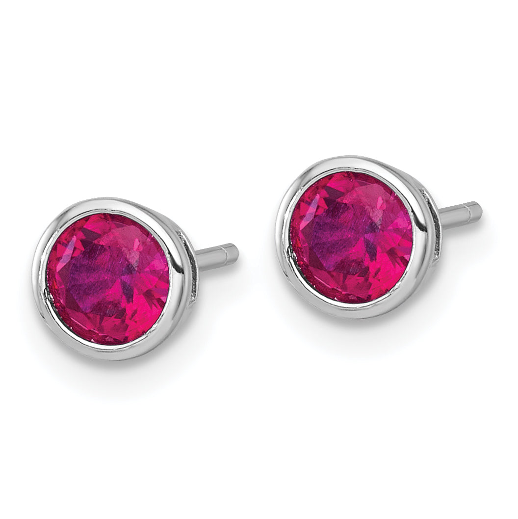 Sterling Silver Rhodium-plated Polished Bezel Set 6.2mm Round Red CZ Stud Earrings Secondary image