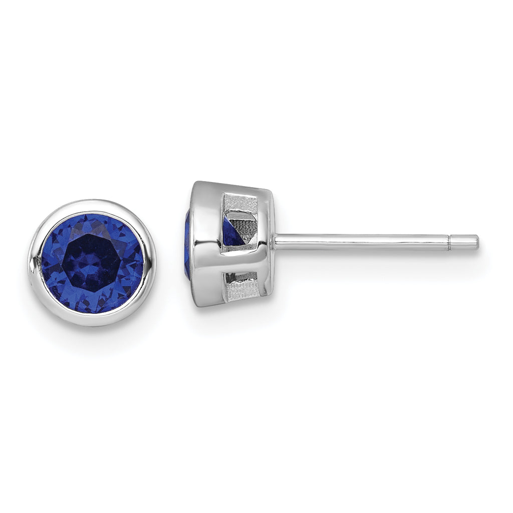 Sterling Silver Rhodium-plated Polished Bezel Set 6.2mm Round Blue CZ Stud Earrings
