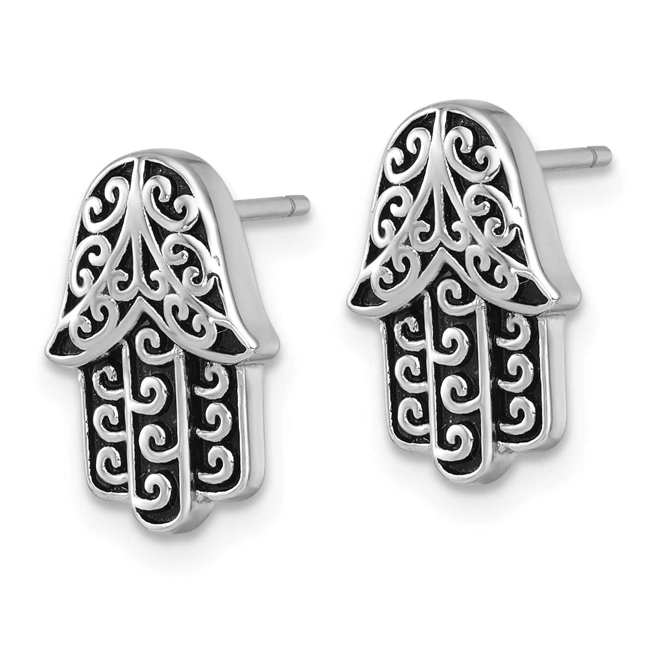 Sterling Silver Rhodium-plated Polished and Oxidized Filigree Hamsa Post Earrings Secondary image