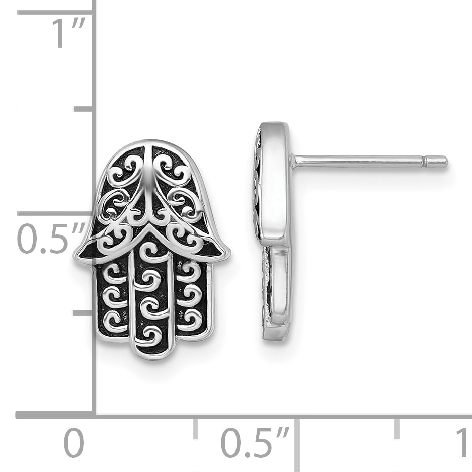 Sterling Silver Rhodium-plated Polished and Oxidized Filigree Hamsa Post Earrings