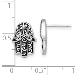 Sterling Silver Rhodium-plated Polished and Oxidized Filigree Hamsa Post Earrings