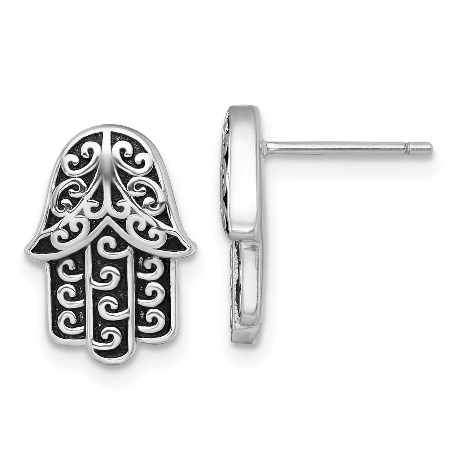 Sterling Silver Rhodium-plated Polished and Oxidized Filigree Hamsa Post Earrings Main image
