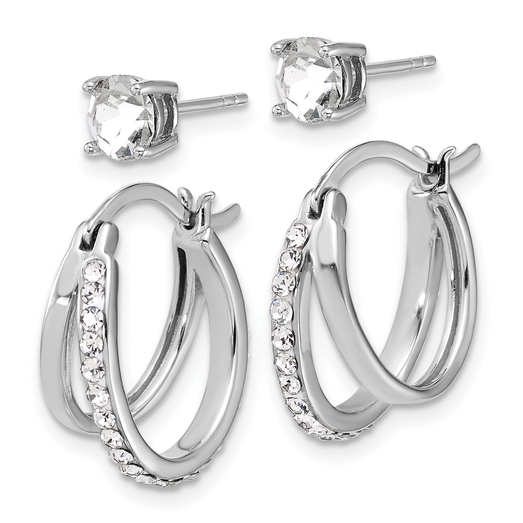 Sterling Silver Platinum Flash-plated Polished White Crystal Post and Hoop Earring Set
