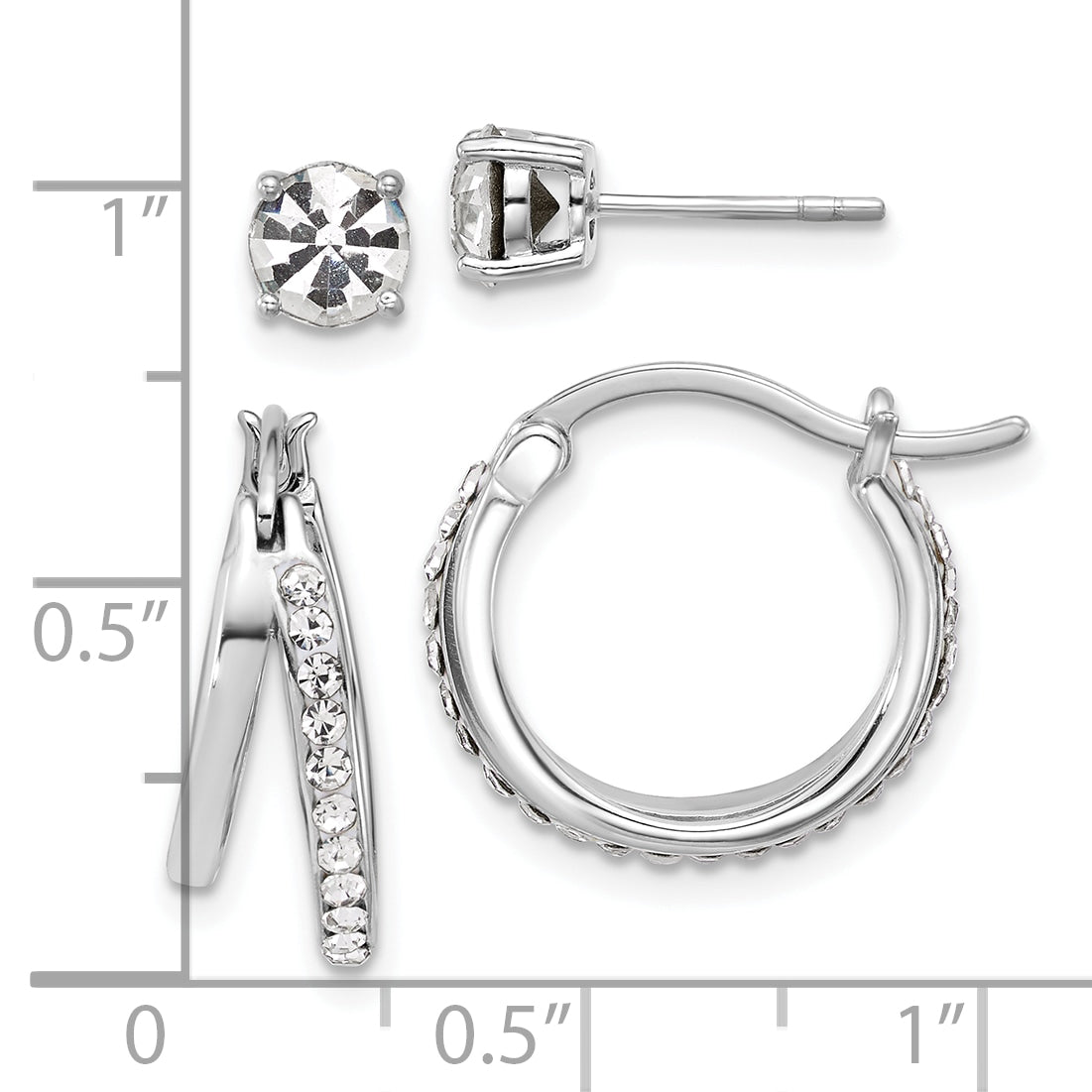 Sterling Silver Platinum Flash-plated Polished White Crystal Post and Hoop Earring Set