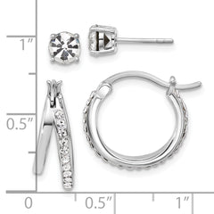 Sterling Silver Platinum Flash-plated Polished White Crystal Post and Hoop Earring Set
