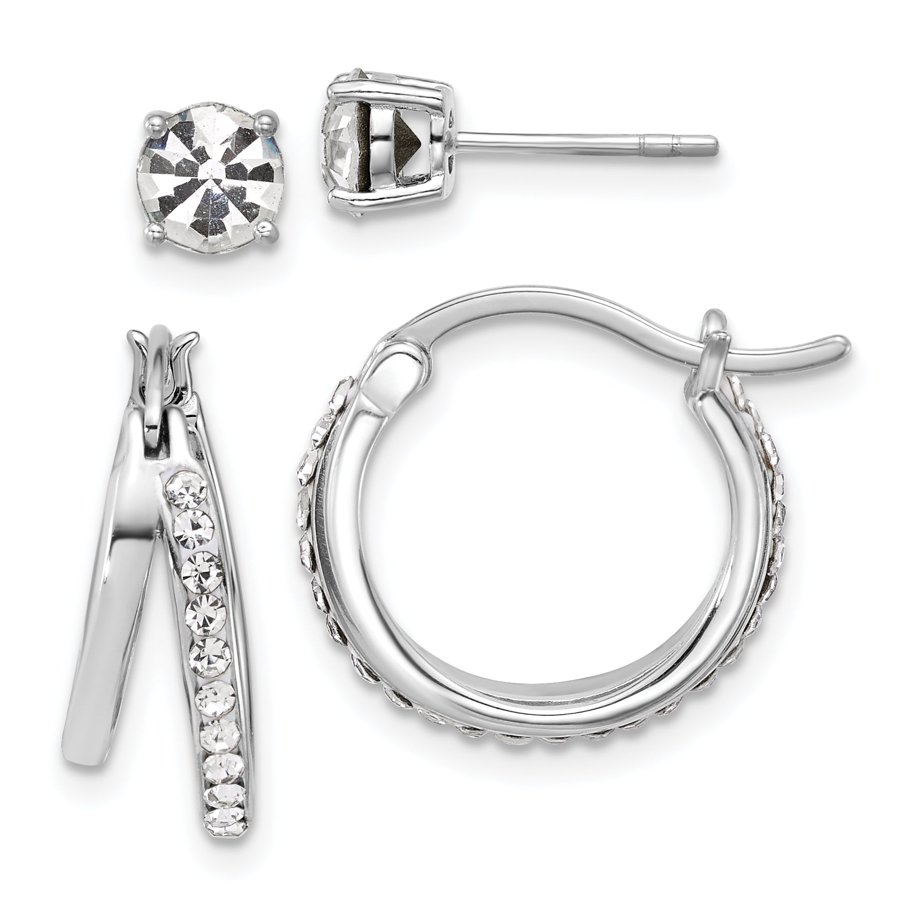 Sterling Silver Platinum Flash-plated Polished White Crystal Post and Hoop Earring Set