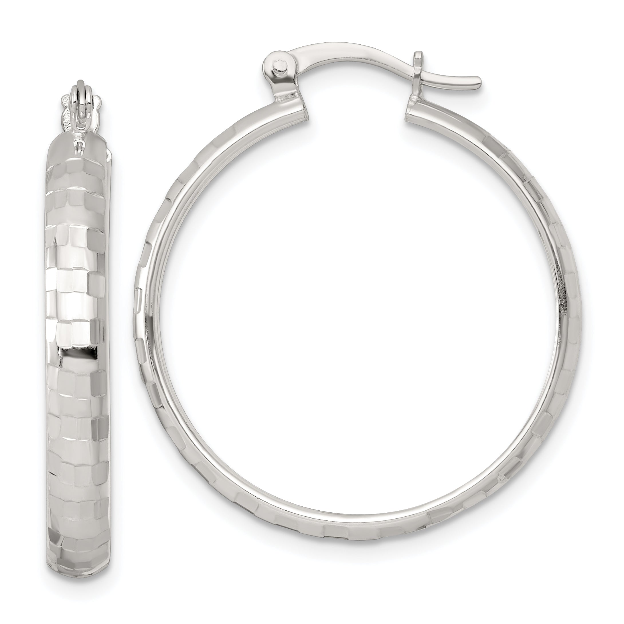 Sterling Silver Polished Diamond-cut 30x4mm Round Hoop Earrings