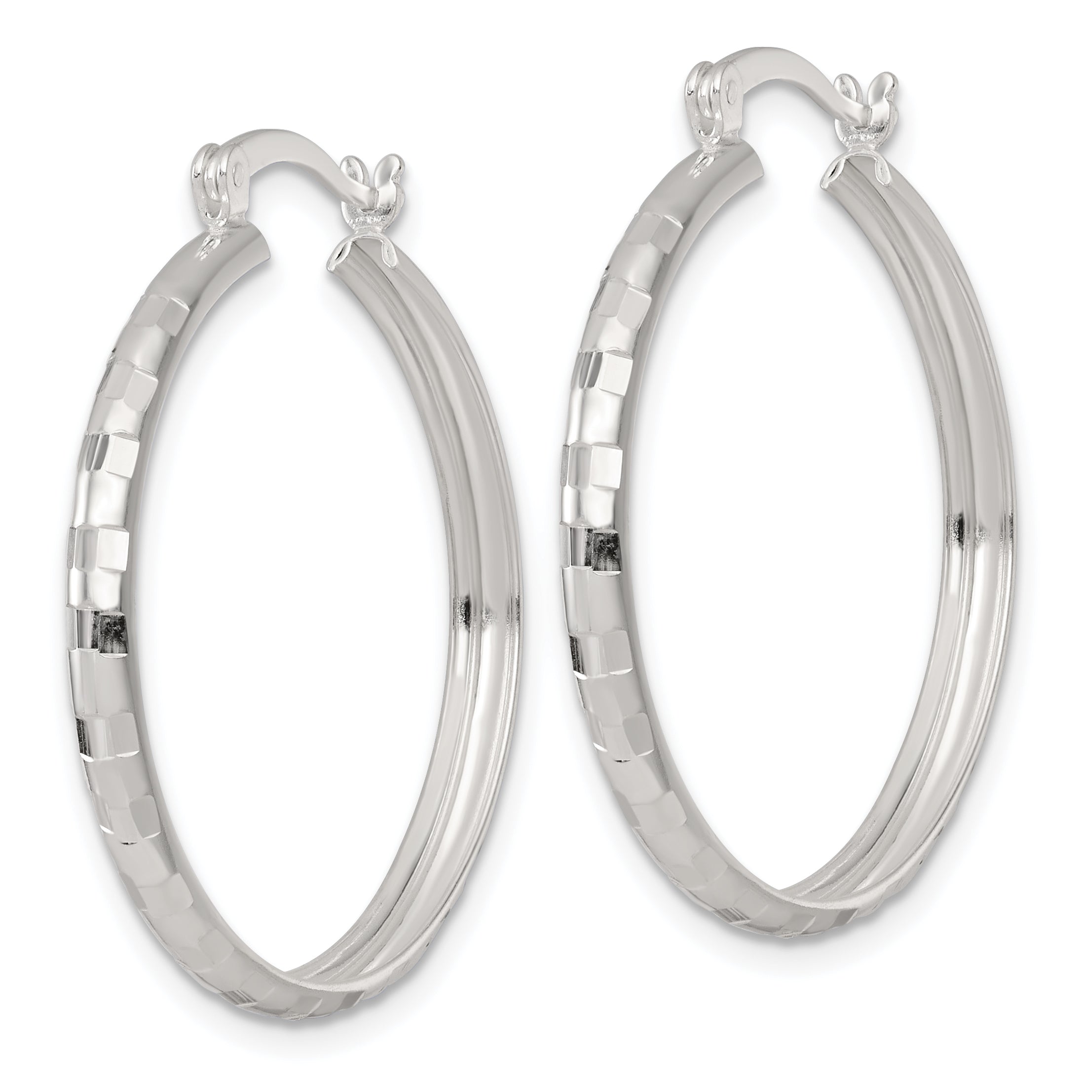 Sterling Silver Polished Diamond-cut 30x3mm Round Hoop Earrings