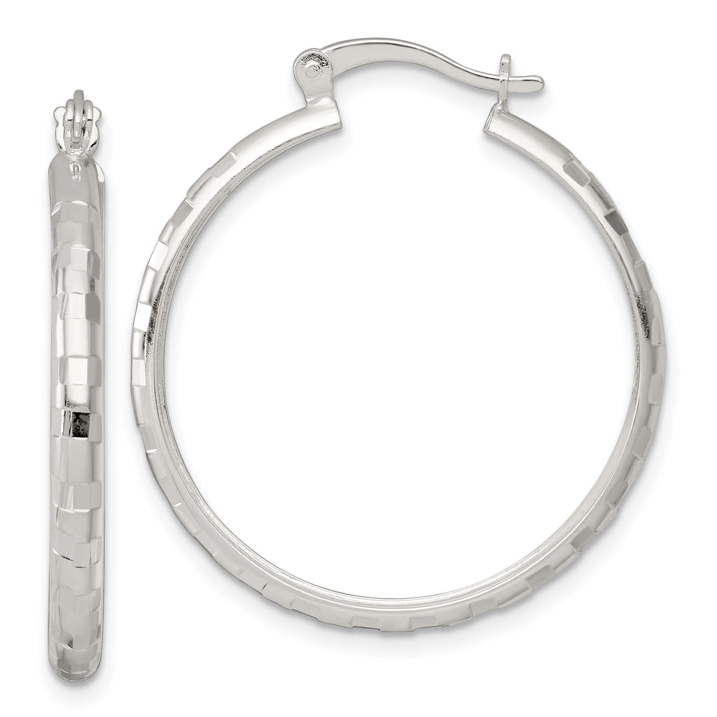 Sterling Silver Polished Diamond-cut 30x3mm Round Hoop Earrings