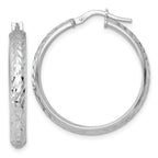 Sterling Silver Rhodium-plated Polished and Diamond-cut 4.00 x 30mm Tube Hoop Earrings