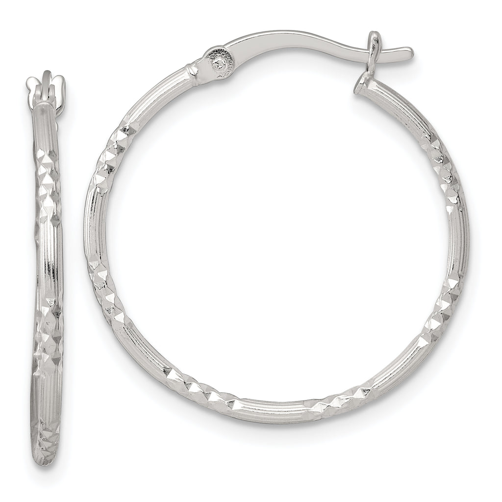 Sterling Silver Polished Diamond-cut Textured 25x1.5mm Round Hoop Earrings