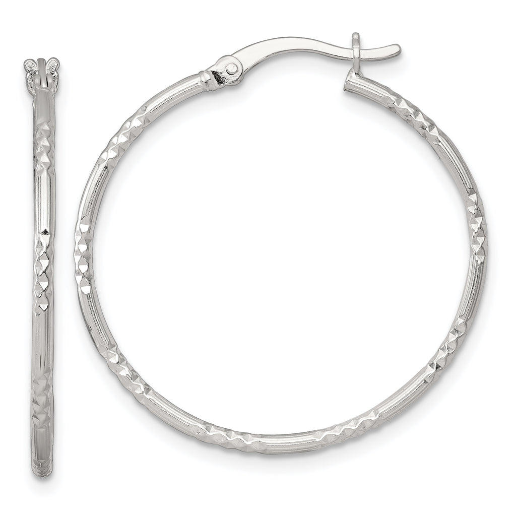Sterling Silver Polished Diamond-cut Textured 30x1.5mm Round Hoop Earrings