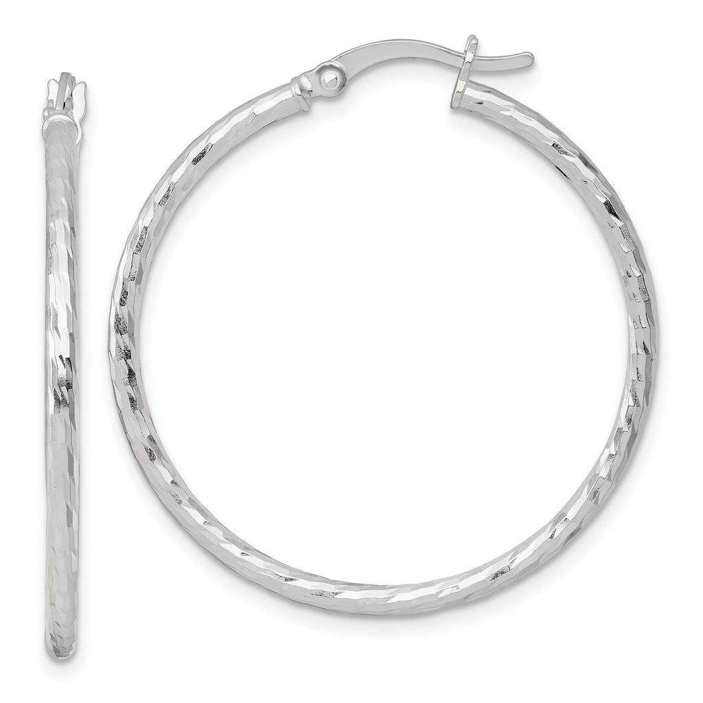 Sterling Silver Polished Diamond-cut 35x2mm Round Hoop Earrings