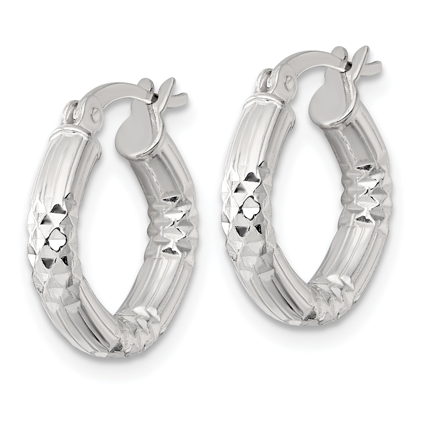 Sterling Silver Polished Diamond-cut Textured 15x3.25mm Round Hoop Earrings Secondary image