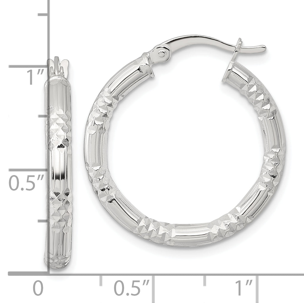 Sterling Silver Polished Diamond-cut Textured 25x3.25mm Round Hoop Earrings