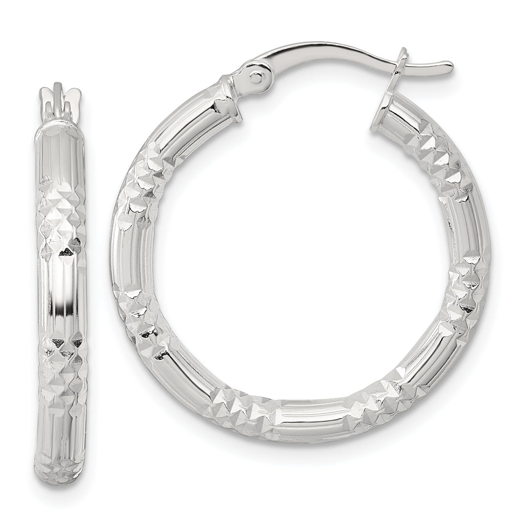 Sterling Silver Polished Diamond-cut Textured 25x3.25mm Round Hoop Earrings