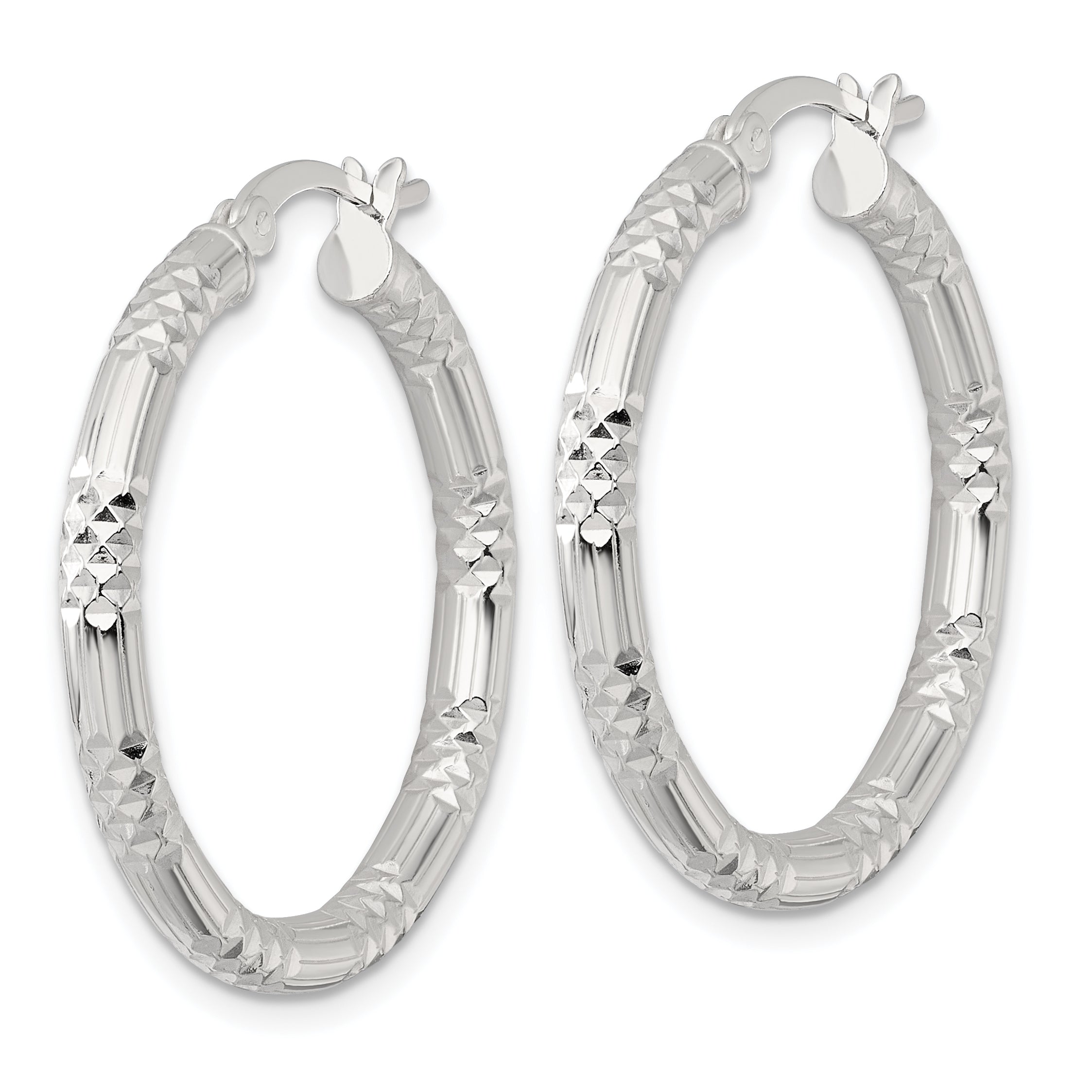 Sterling Silver Polished Diamond-cut Textured 30x3.25mm Round Hoop Earrings Secondary image