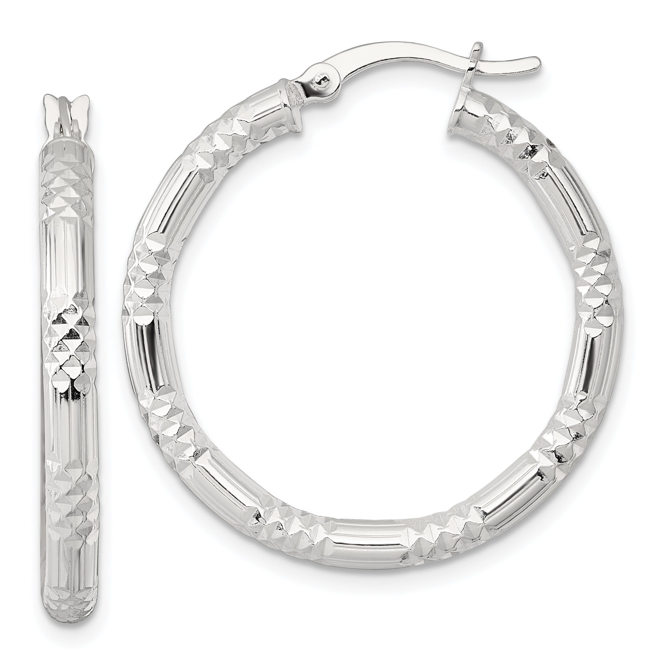Sterling Silver Polished Diamond-cut Textured 30x3.25mm Round Hoop Earrings
