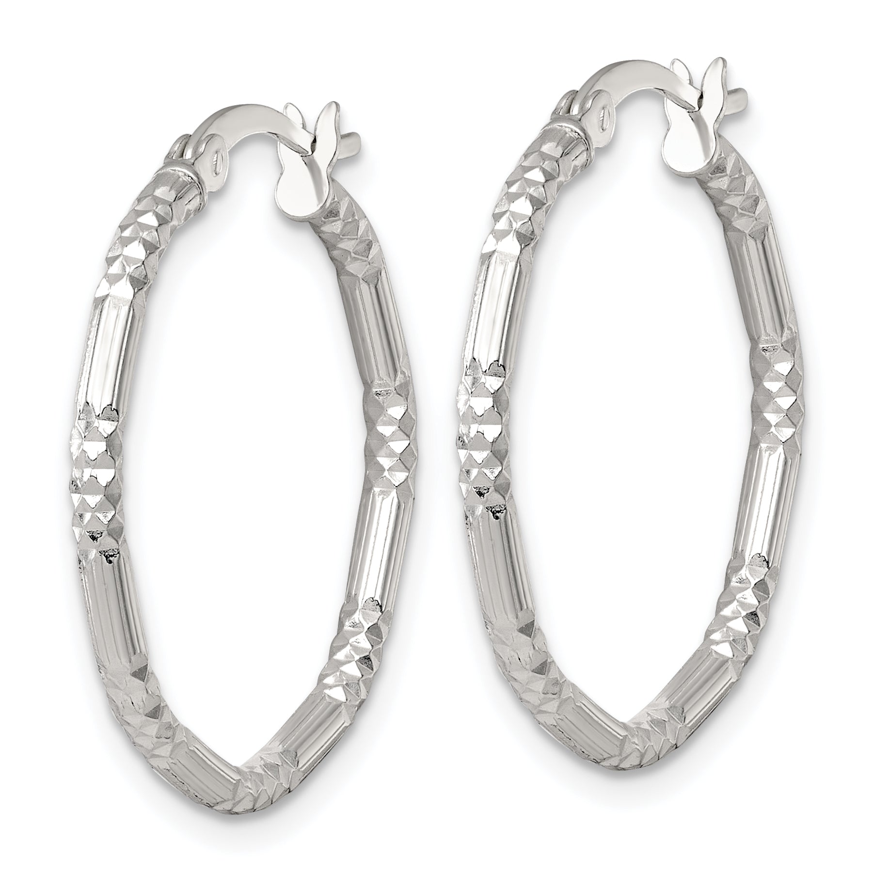 Sterling Silver Polished Diamond-cut Textured 25x2.25mm Round Hoop Earrings Secondary image
