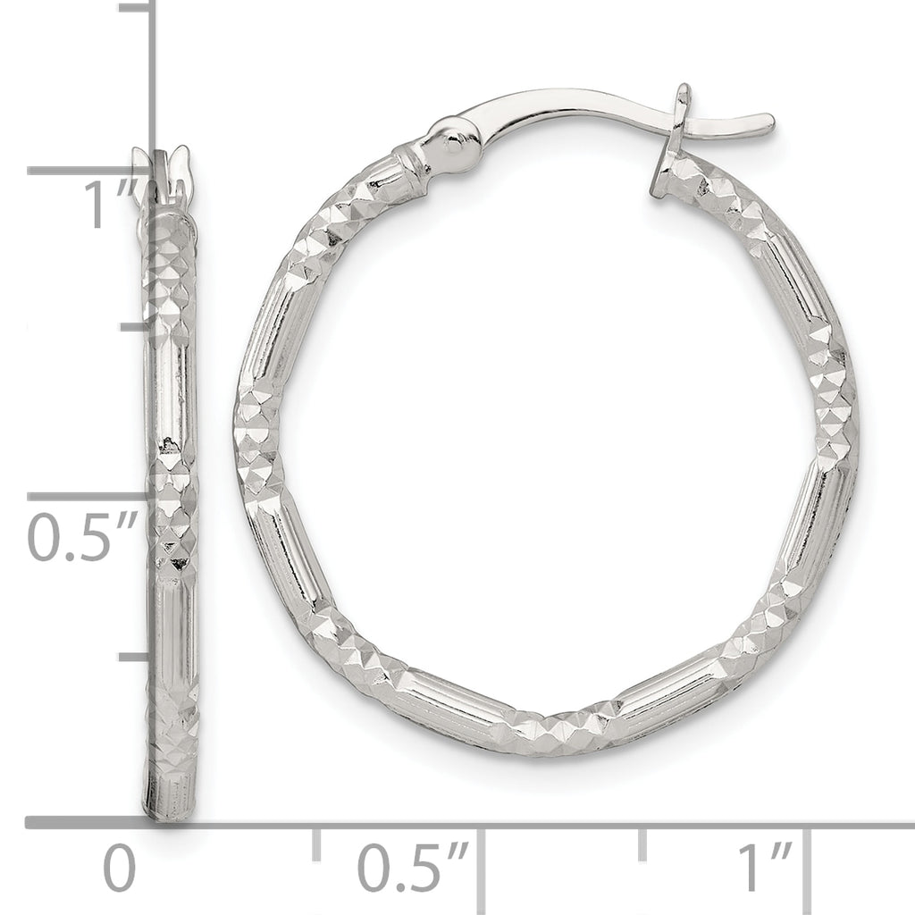 Sterling Silver Polished Diamond-cut Textured 25x2.25mm Round Hoop Earrings