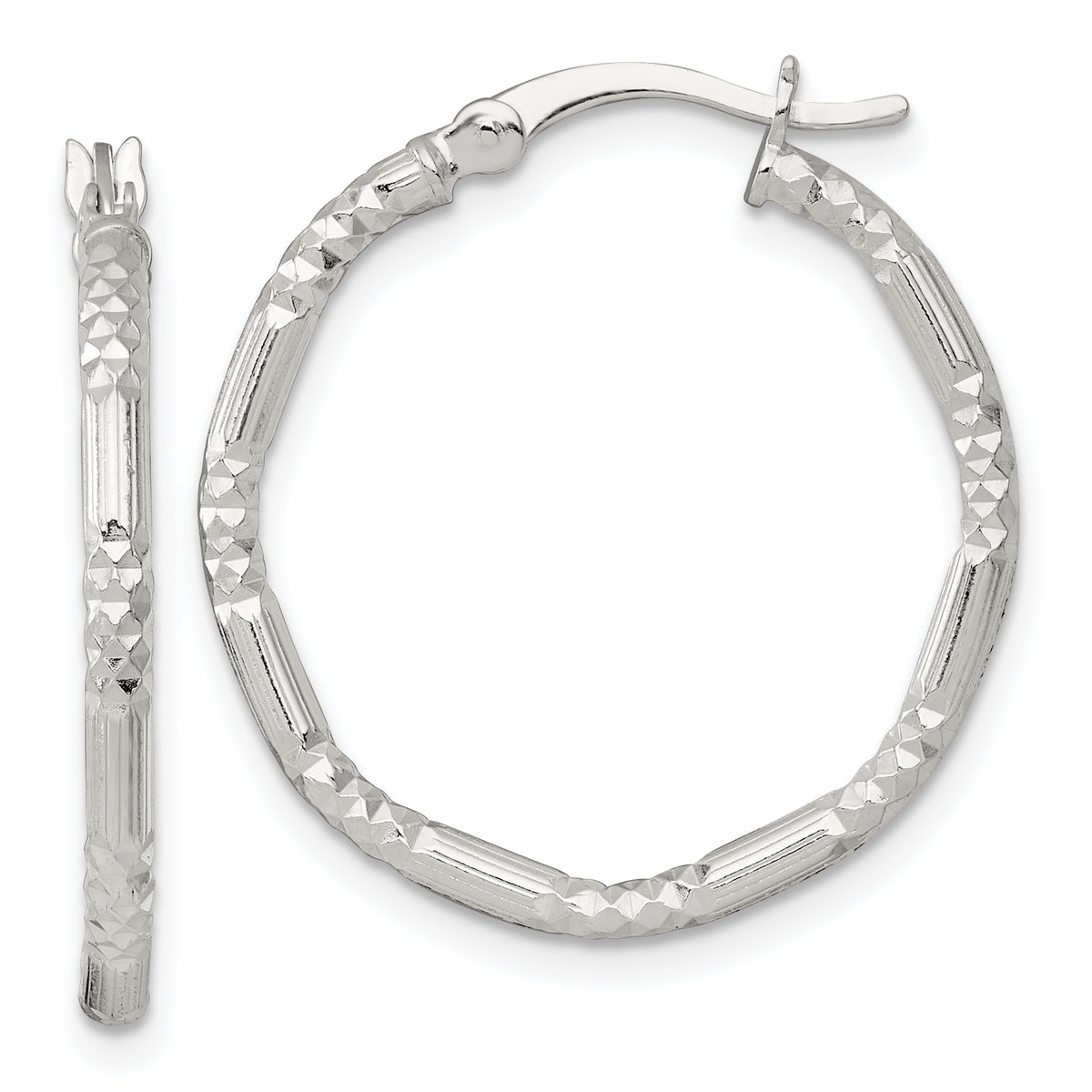 Sterling Silver Polished Diamond-cut Textured 25x2.25mm Round Hoop Earrings