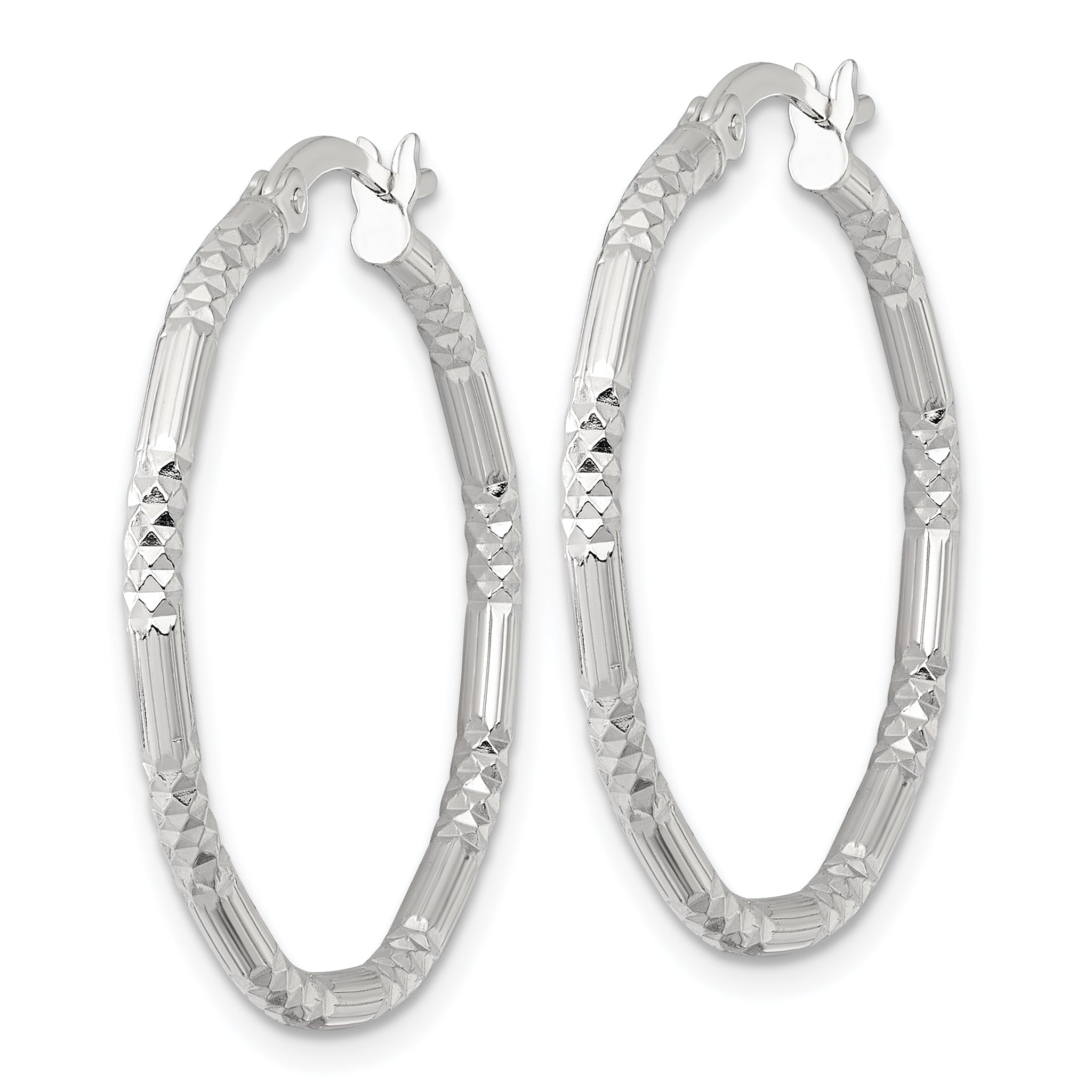 Sterling Silver Polished Diamond-cut Textured 30x2.25mm Round Hoop Earrings