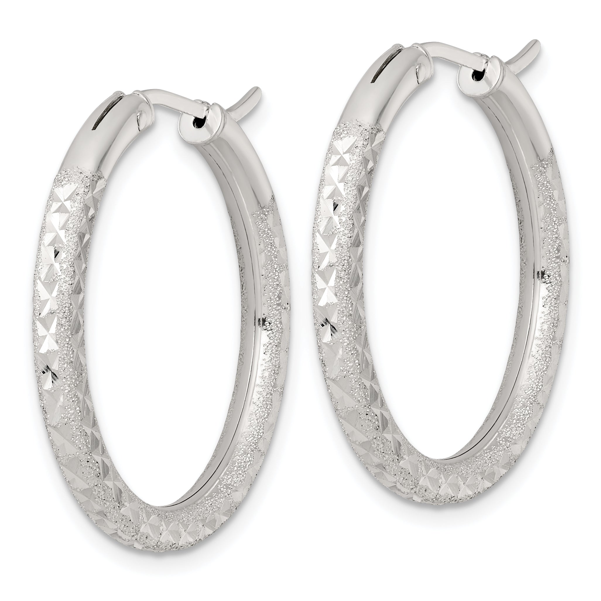 Sterling Silver Laser and Diamond-cut 30x3.25mm Hidden Catch Round Hoop Earrings Secondary image