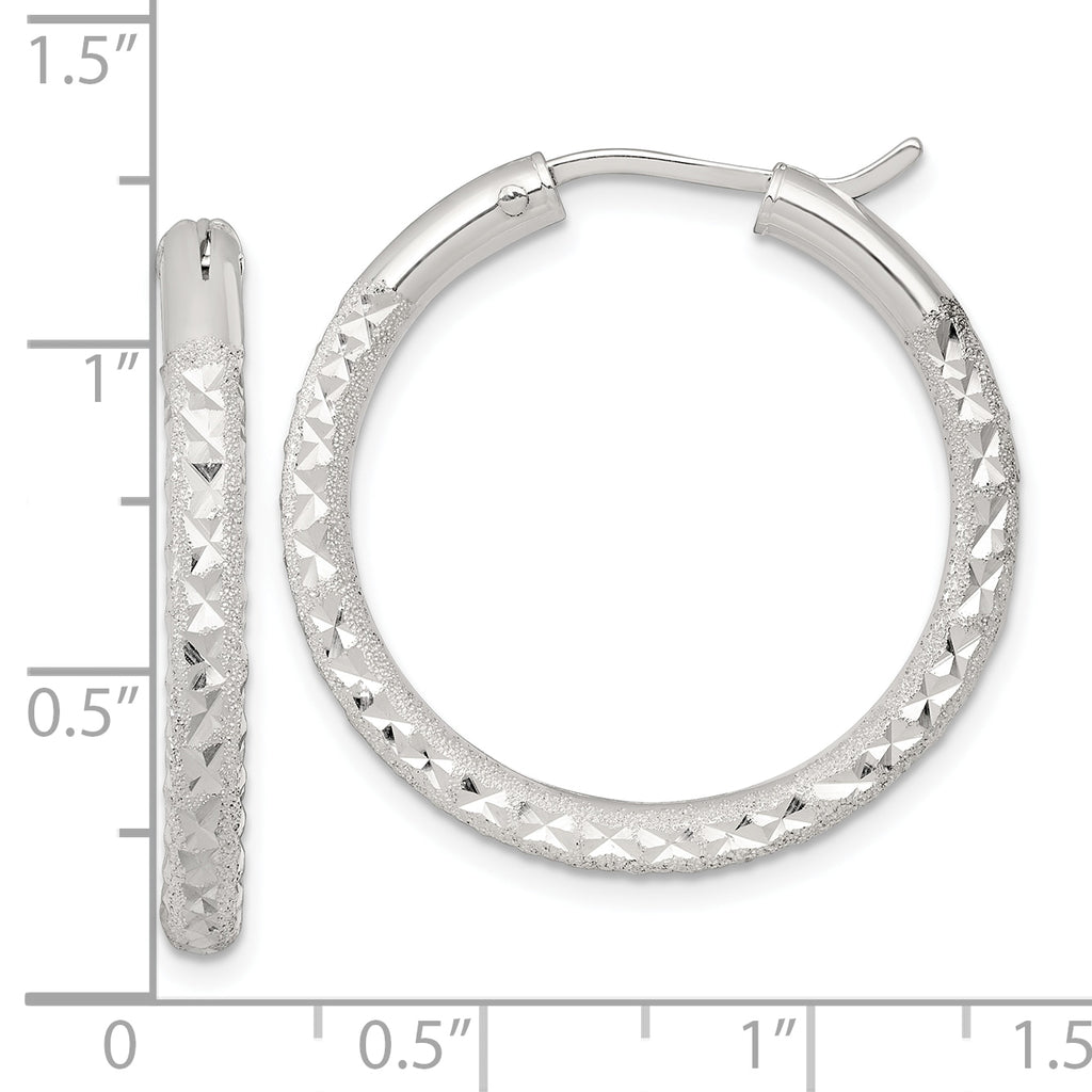 Sterling Silver Laser and Diamond-cut 30x3.25mm Hidden Catch Round Hoop Earrings
