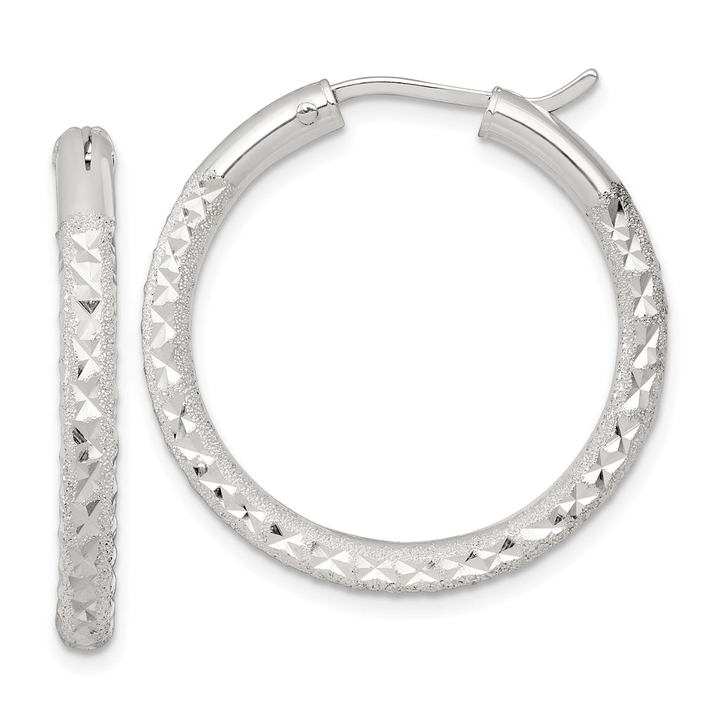 Sterling Silver Laser and Diamond-cut 30x3.25mm Hidden Catch Round Hoop Earrings