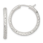 Sterling Silver Laser and Diamond-cut 30x3.25mm Hidden Catch Round Hoop Earrings
