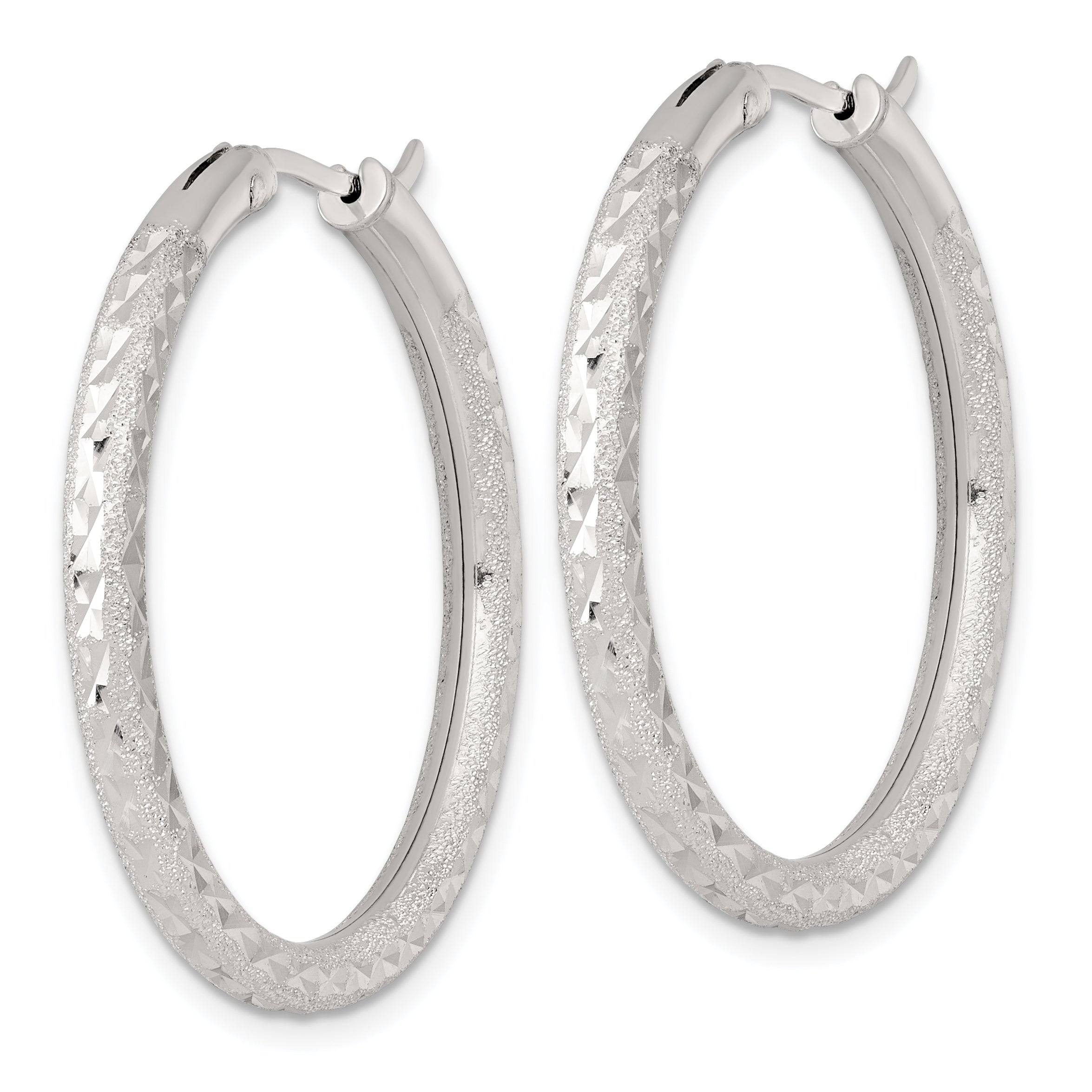 Sterling Silver Laser and Diamond-cut 35x3.25mm Hidden Catch Round Hoop Earrings Secondary image